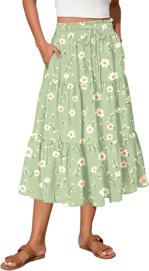 Midi Skirts for Women,2025 Summer Trendy Floral Print High Elastic Boho Skirts,Flowy Ruched Tiered Swing Beach Dress