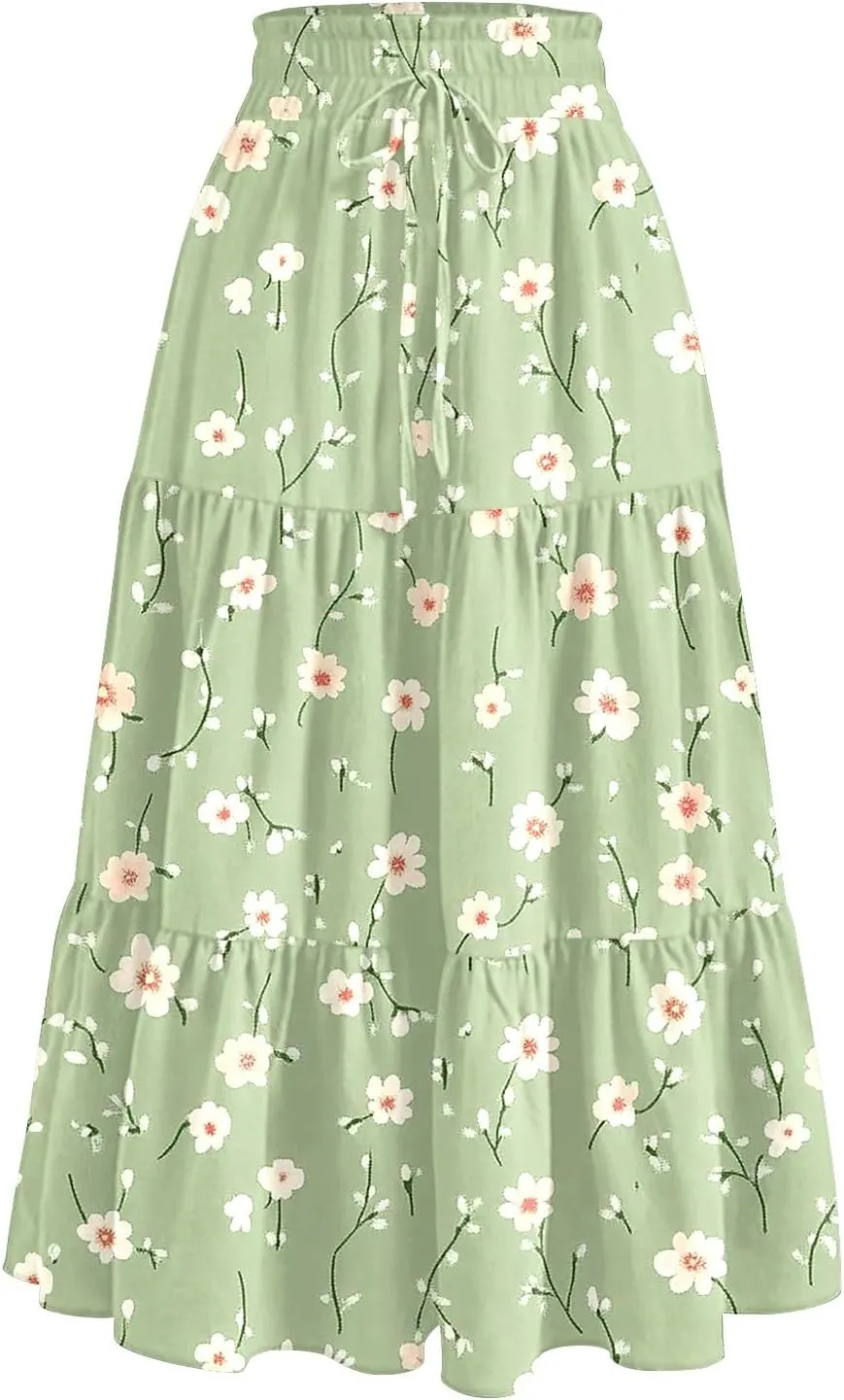 Midi Skirts for Women,2025 Summer Trendy Floral Print High Elastic Boho Skirts,Flowy Ruched Tiered Swing Beach Dress