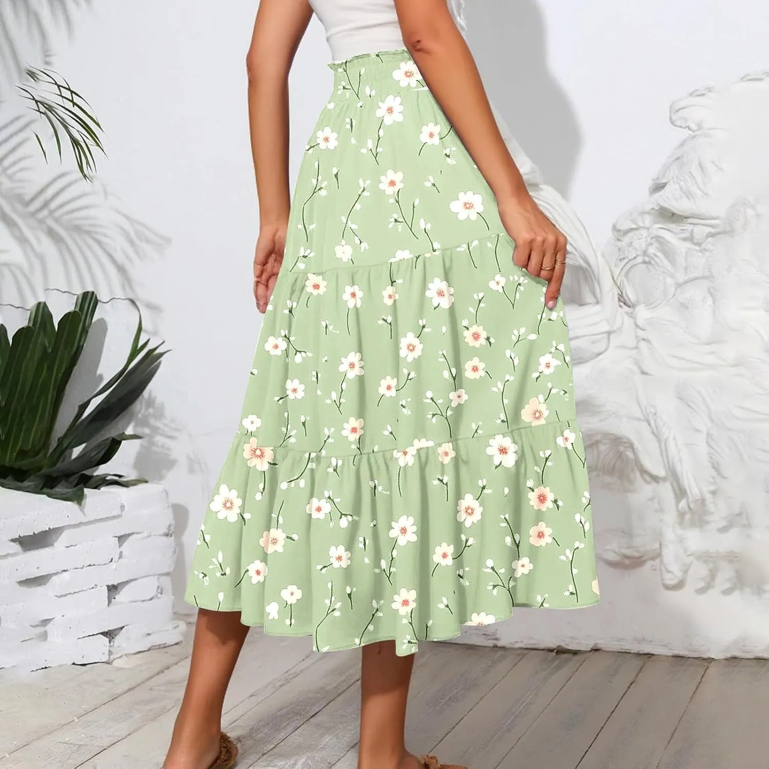 Midi Skirts for Women,2025 Summer Trendy Floral Print High Elastic Boho Skirts,Flowy Ruched Tiered Swing Beach Dress