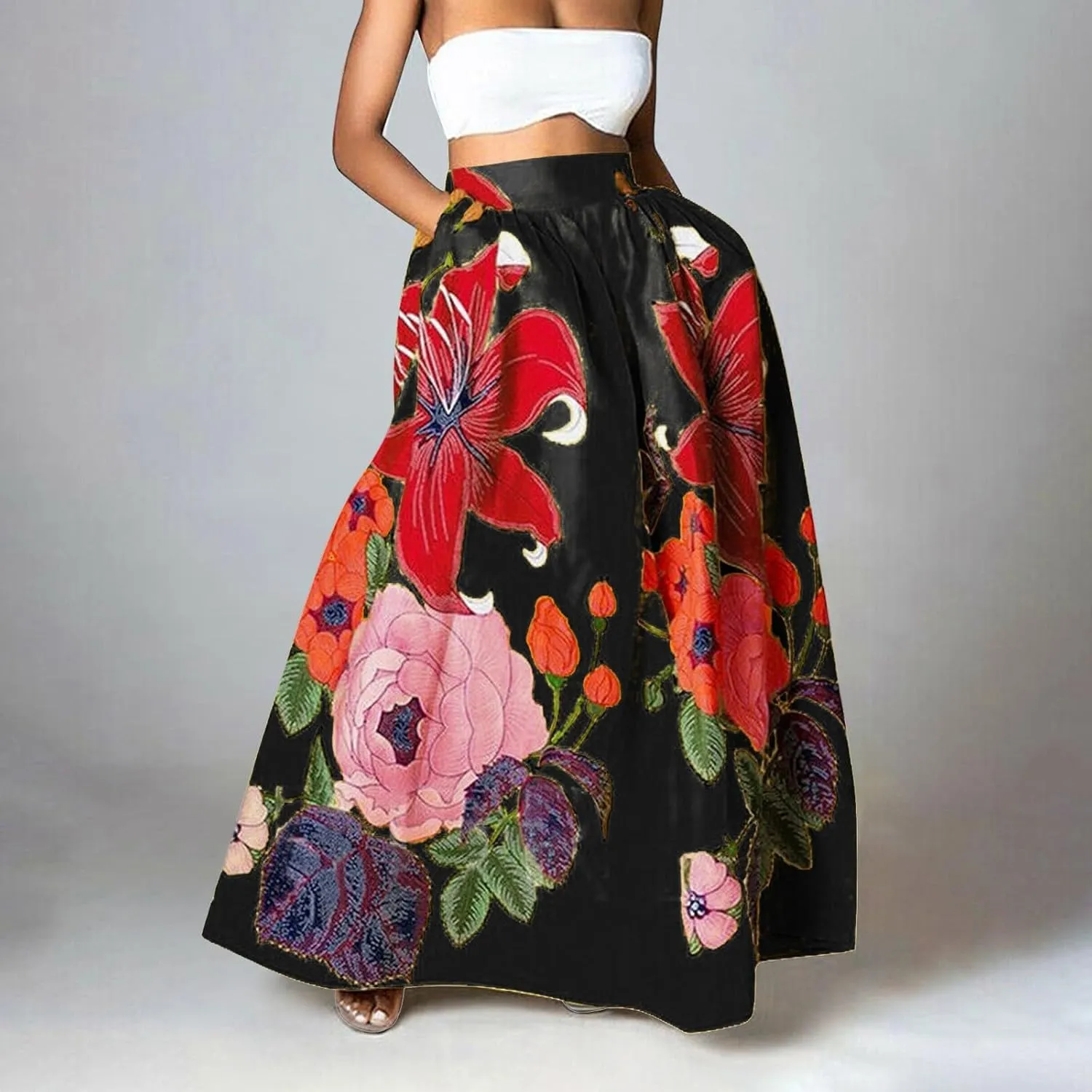 Miyaomn Women's Boho Floral Printed Maxi Skirt Summer Beach High Waisted Mopping Floor Length A Line Long Skirts with Pockets