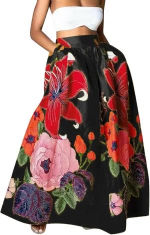 Miyaomn Women's Boho Floral Printed Maxi Skirt Summer Beach High Waisted Mopping Floor Length A Line Long Skirts with Pockets