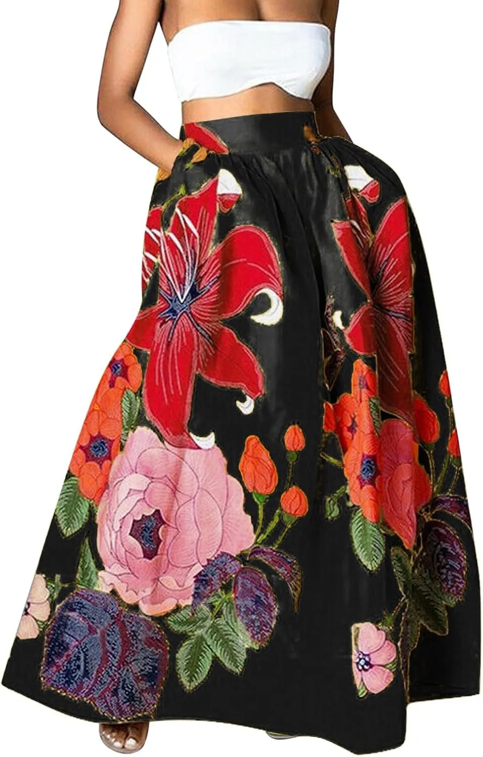 Miyaomn Women's Boho Floral Printed Maxi Skirt Summer Beach High Waisted Mopping Floor Length A Line Long Skirts with Pockets