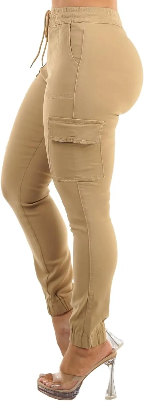 Moda Xpress Women's Juniors Stretchy High Waisted Relaxed Fit Casual Cargo Denim Jogger Jeans and Pants for Women