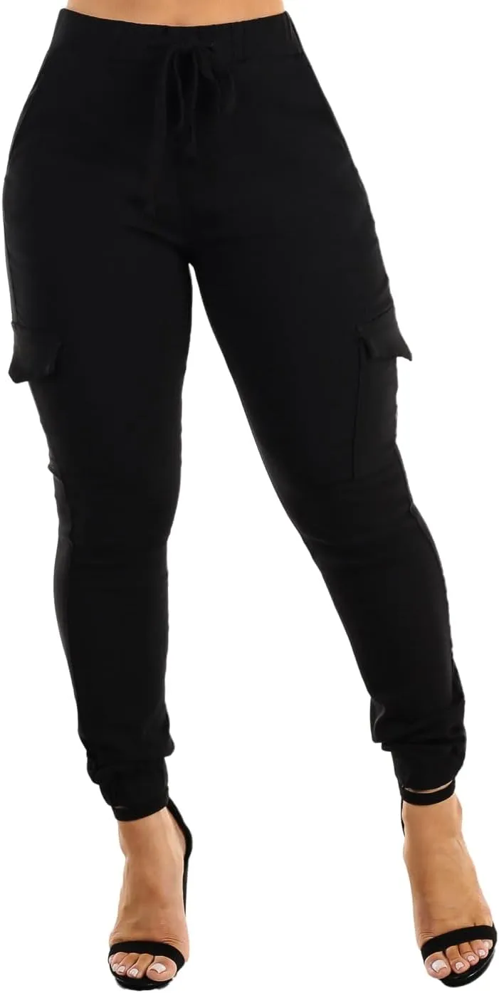 Moda Xpress Women's Juniors Stretchy High Waisted Relaxed Fit Casual Cargo Denim Jogger Jeans and Pants for Women