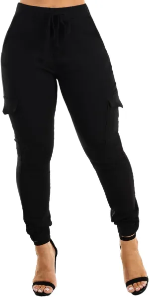 Moda Xpress Women's Juniors Stretchy High Waisted Relaxed Fit Casual Cargo Denim Jogger Jeans and Pants for Women