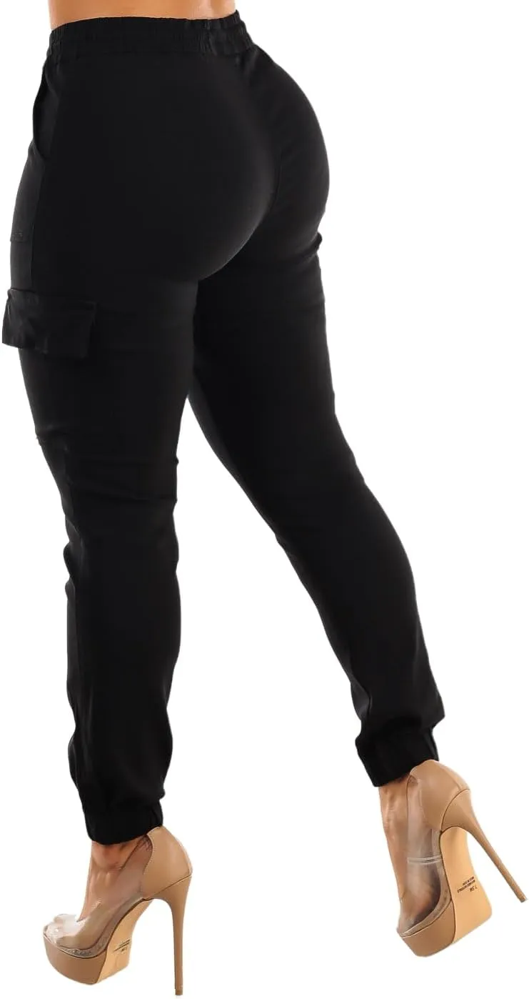 Moda Xpress Women's Juniors Stretchy High Waisted Relaxed Fit Casual Cargo Denim Jogger Jeans and Pants for Women