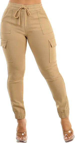 Moda Xpress Women's Juniors Stretchy High Waisted Relaxed Fit Casual Cargo Denim Jogger Jeans and Pants for Women