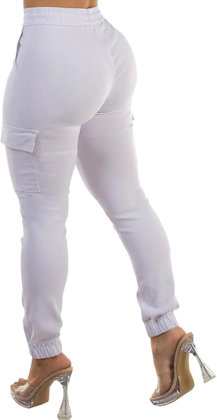 Moda Xpress Women's Juniors Stretchy High Waisted Relaxed Fit Casual Cargo Denim Jogger Jeans and Pants for Women