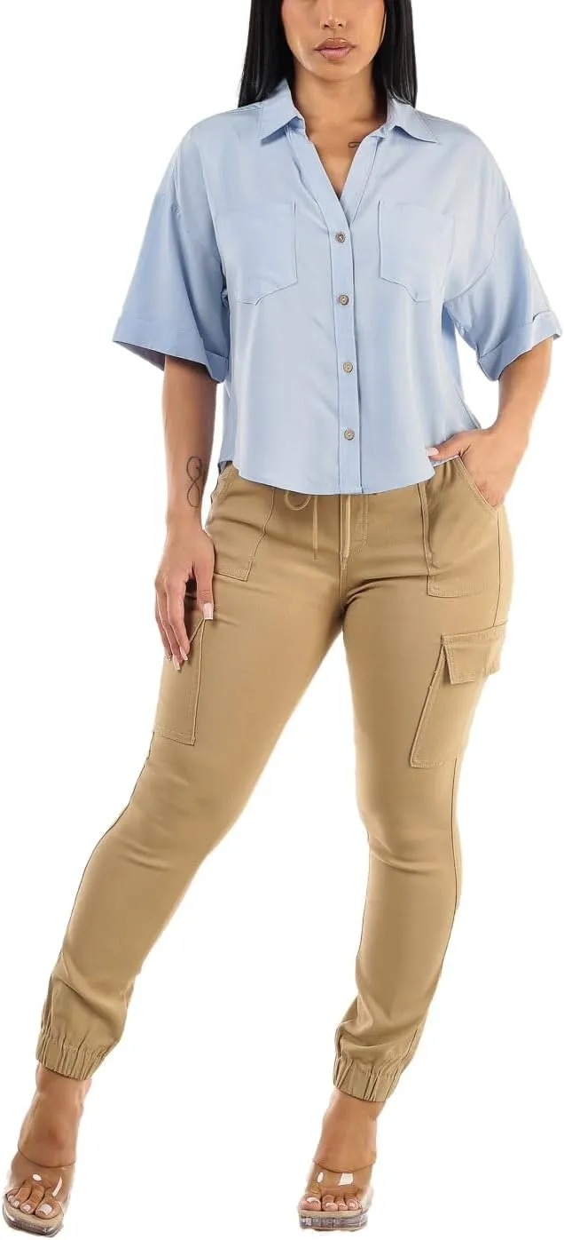 Moda Xpress Women's Juniors Stretchy High Waisted Relaxed Fit Casual Cargo Denim Jogger Jeans and Pants for Women