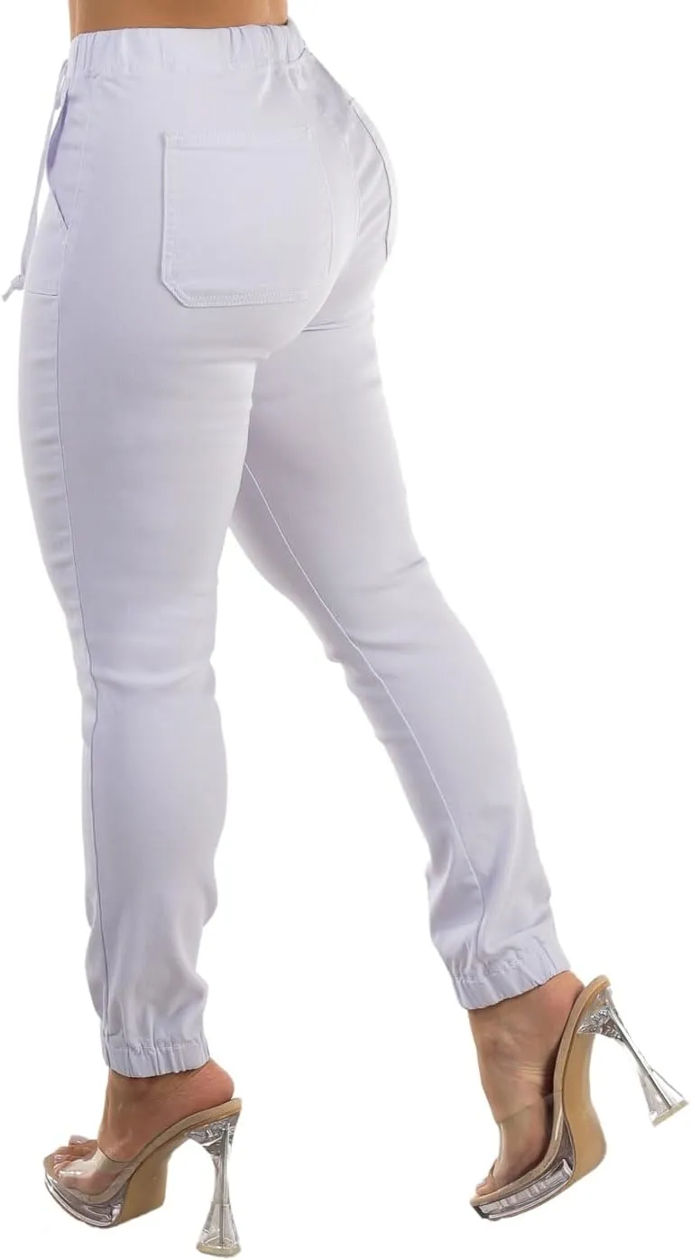 Moda Xpress Women's Juniors Stretchy High Waisted Relaxed Fit Casual Cargo Denim Jogger Jeans and Pants for Women