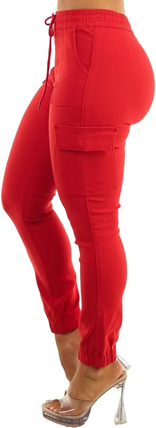 Moda Xpress Women's Juniors Stretchy High Waisted Relaxed Fit Casual Cargo Denim Jogger Jeans and Pants for Women