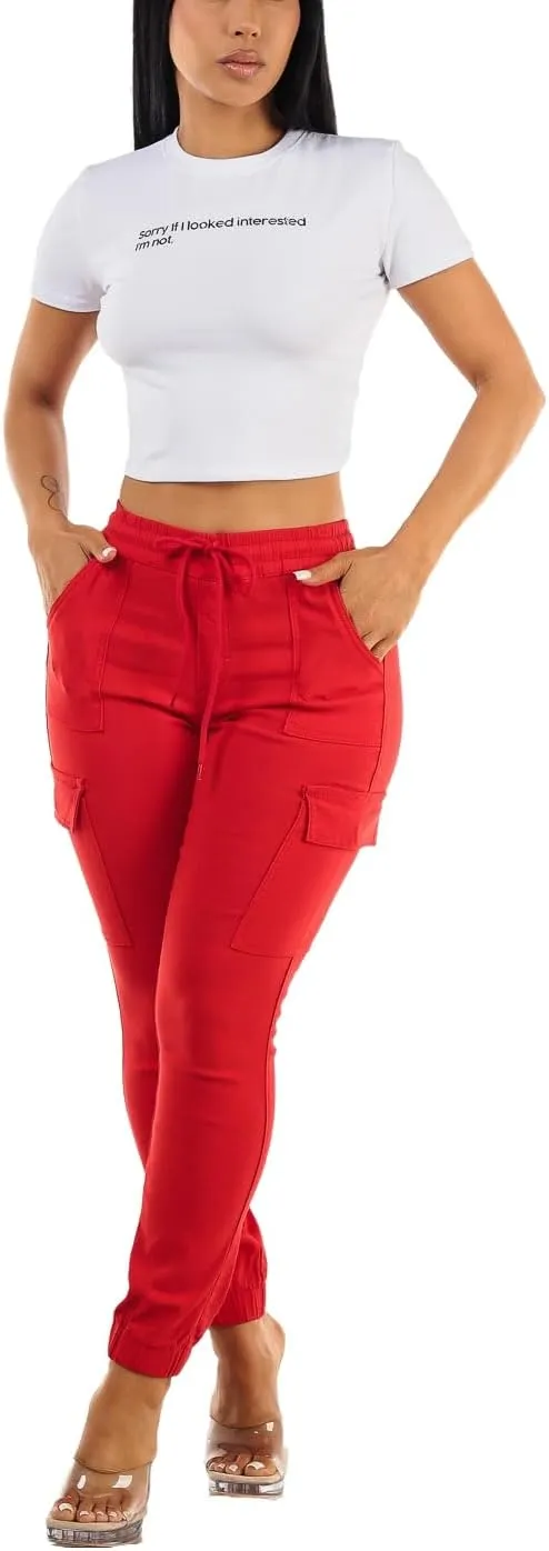 Moda Xpress Women's Juniors Stretchy High Waisted Relaxed Fit Casual Cargo Denim Jogger Jeans and Pants for Women