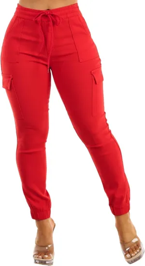 Moda Xpress Women's Juniors Stretchy High Waisted Relaxed Fit Casual Cargo Denim Jogger Jeans and Pants for Women