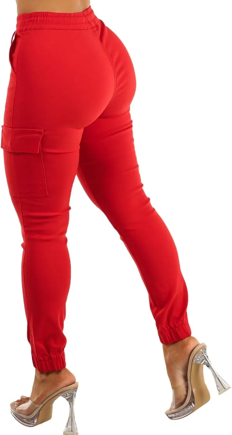 Moda Xpress Women's Juniors Stretchy High Waisted Relaxed Fit Casual Cargo Denim Jogger Jeans and Pants for Women