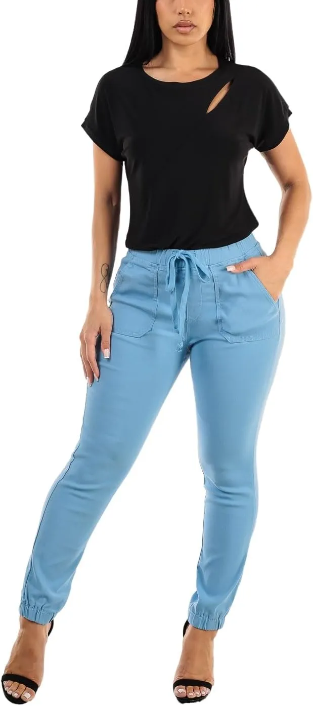 Moda Xpress Women's Juniors Stretchy High Waisted Relaxed Fit Casual Cargo Denim Jogger Jeans and Pants for Women