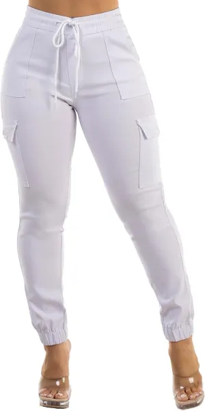 Moda Xpress Women's Juniors Stretchy High Waisted Relaxed Fit Casual Cargo Denim Jogger Jeans and Pants for Women