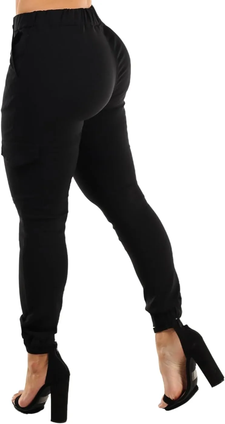 Moda Xpress Women's Juniors Stretchy High Waisted Relaxed Fit Casual Cargo Denim Jogger Jeans and Pants for Women