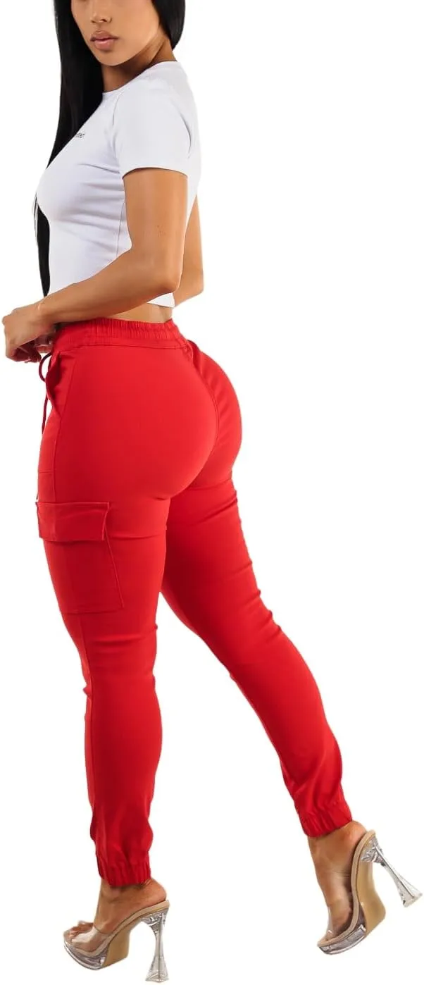 Moda Xpress Women's Juniors Stretchy High Waisted Relaxed Fit Casual Cargo Denim Jogger Jeans and Pants for Women