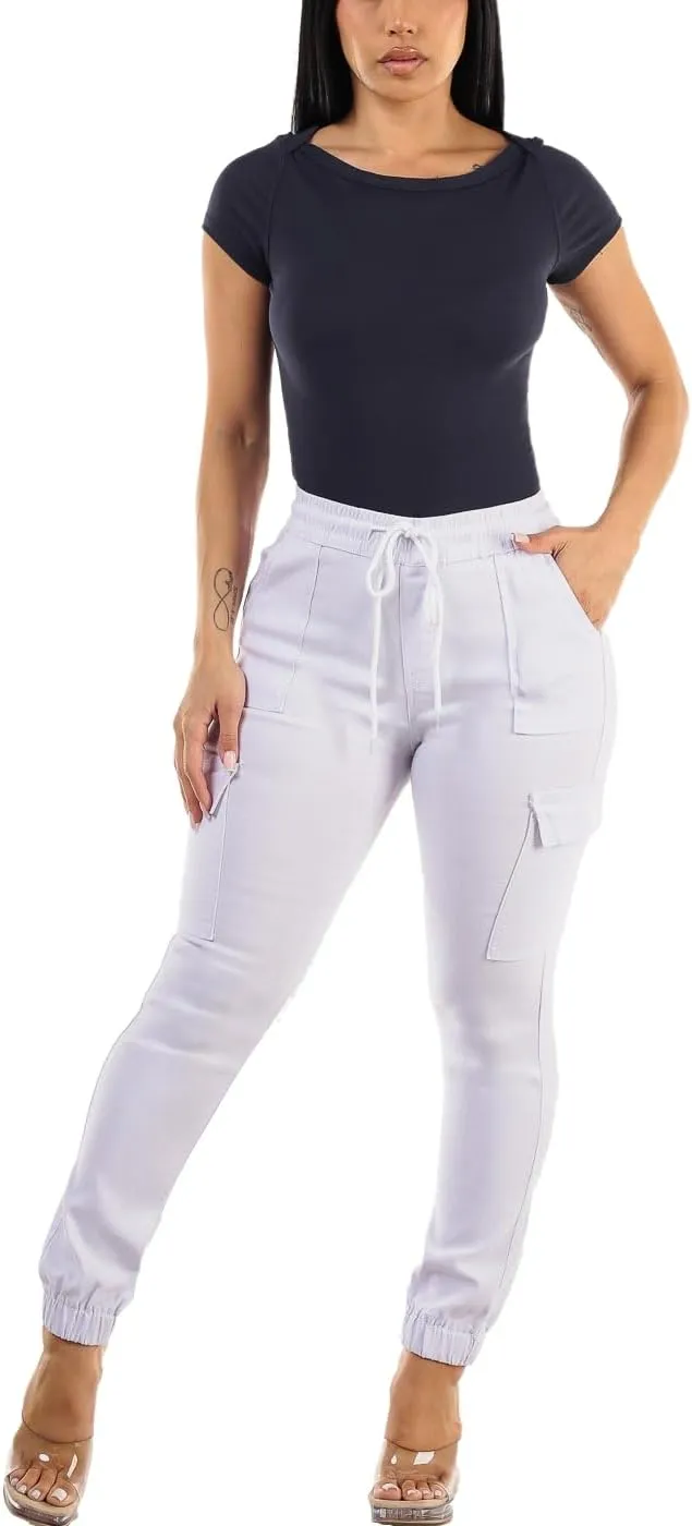 Moda Xpress Women's Juniors Stretchy High Waisted Relaxed Fit Casual Cargo Denim Jogger Jeans and Pants for Women
