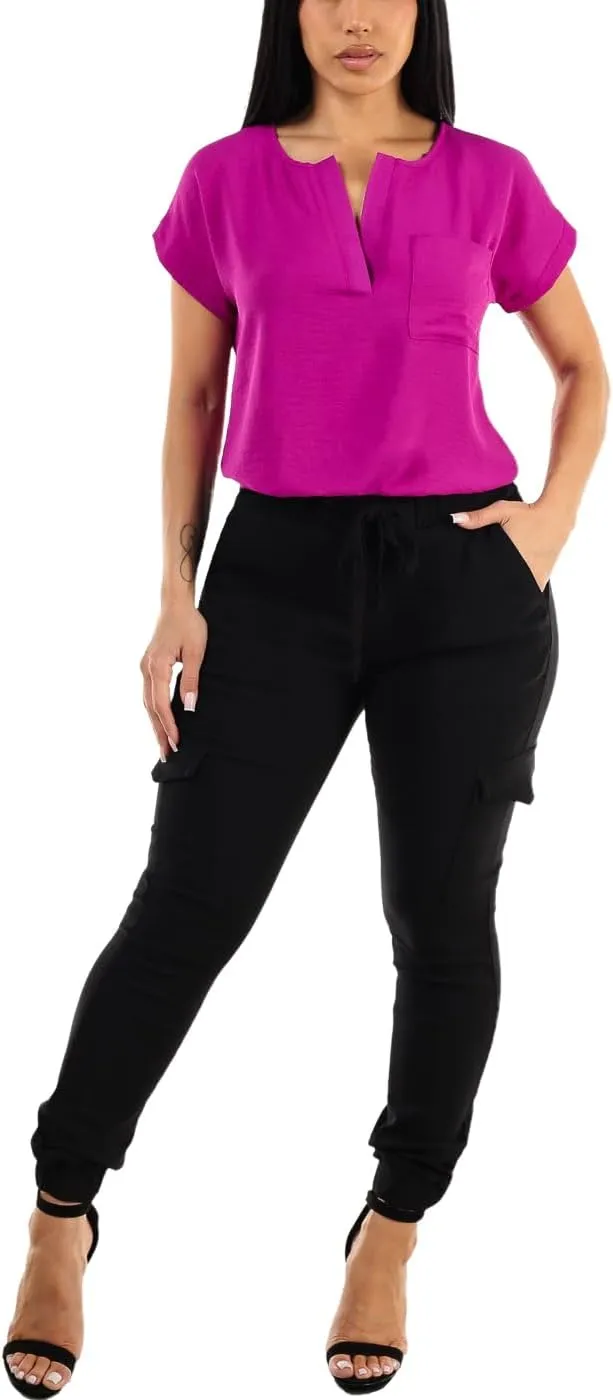 Moda Xpress Women's Juniors Stretchy High Waisted Relaxed Fit Casual Cargo Denim Jogger Jeans and Pants for Women