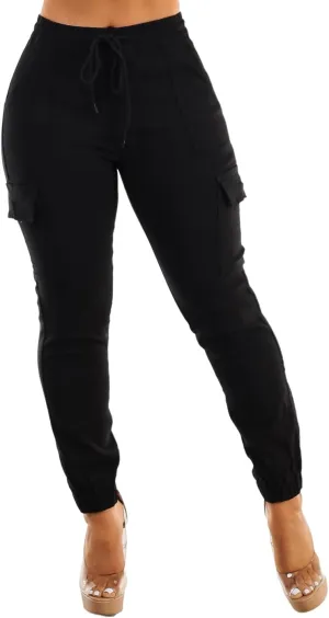 Moda Xpress Women's Juniors Stretchy High Waisted Relaxed Fit Casual Cargo Denim Jogger Jeans and Pants for Women