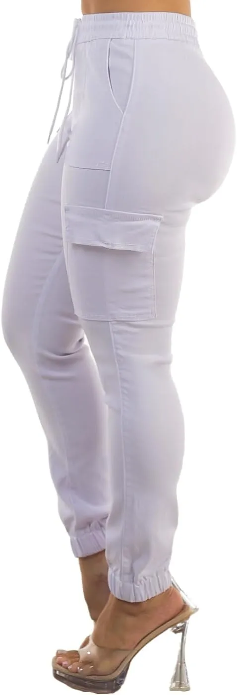 Moda Xpress Women's Juniors Stretchy High Waisted Relaxed Fit Casual Cargo Denim Jogger Jeans and Pants for Women