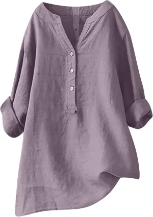 NaRHbrg Women's Cotton Linen Blouses Long Sleeve V Neck Henley Shirts Summer Loose Fit Casual Tunic Tops Comfy Solid Blouses