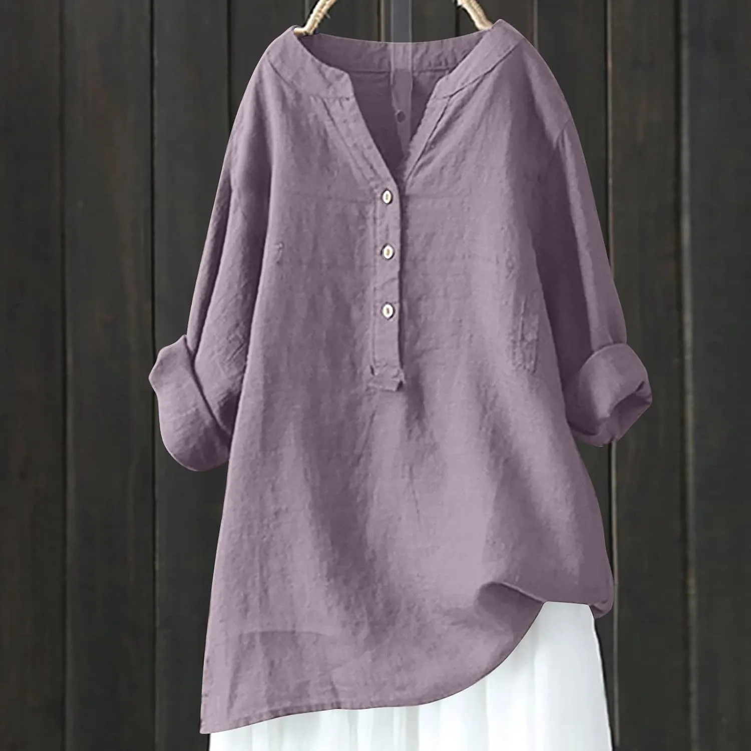 NaRHbrg Women's Cotton Linen Blouses Long Sleeve V Neck Henley Shirts Summer Loose Fit Casual Tunic Tops Comfy Solid Blouses