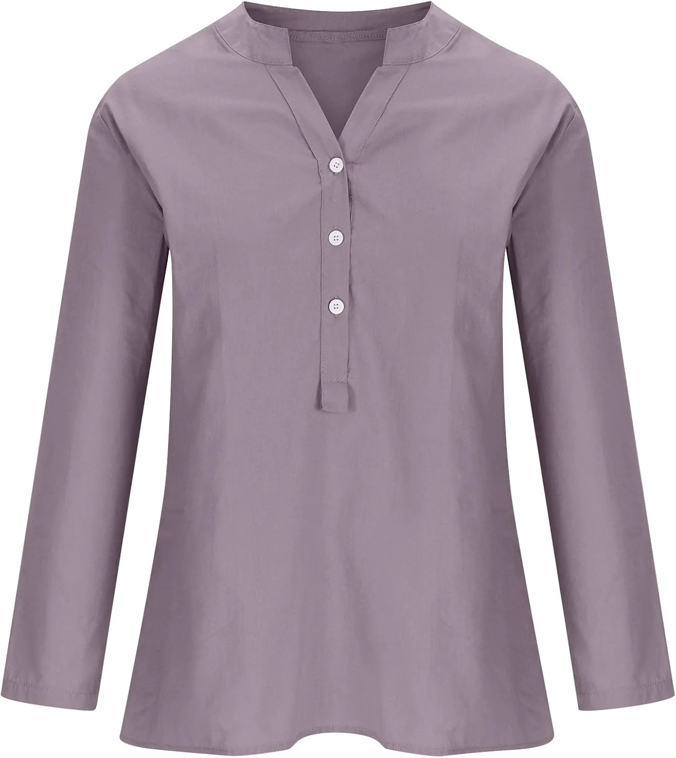 NaRHbrg Women's Cotton Linen Blouses Long Sleeve V Neck Henley Shirts Summer Loose Fit Casual Tunic Tops Comfy Solid Blouses