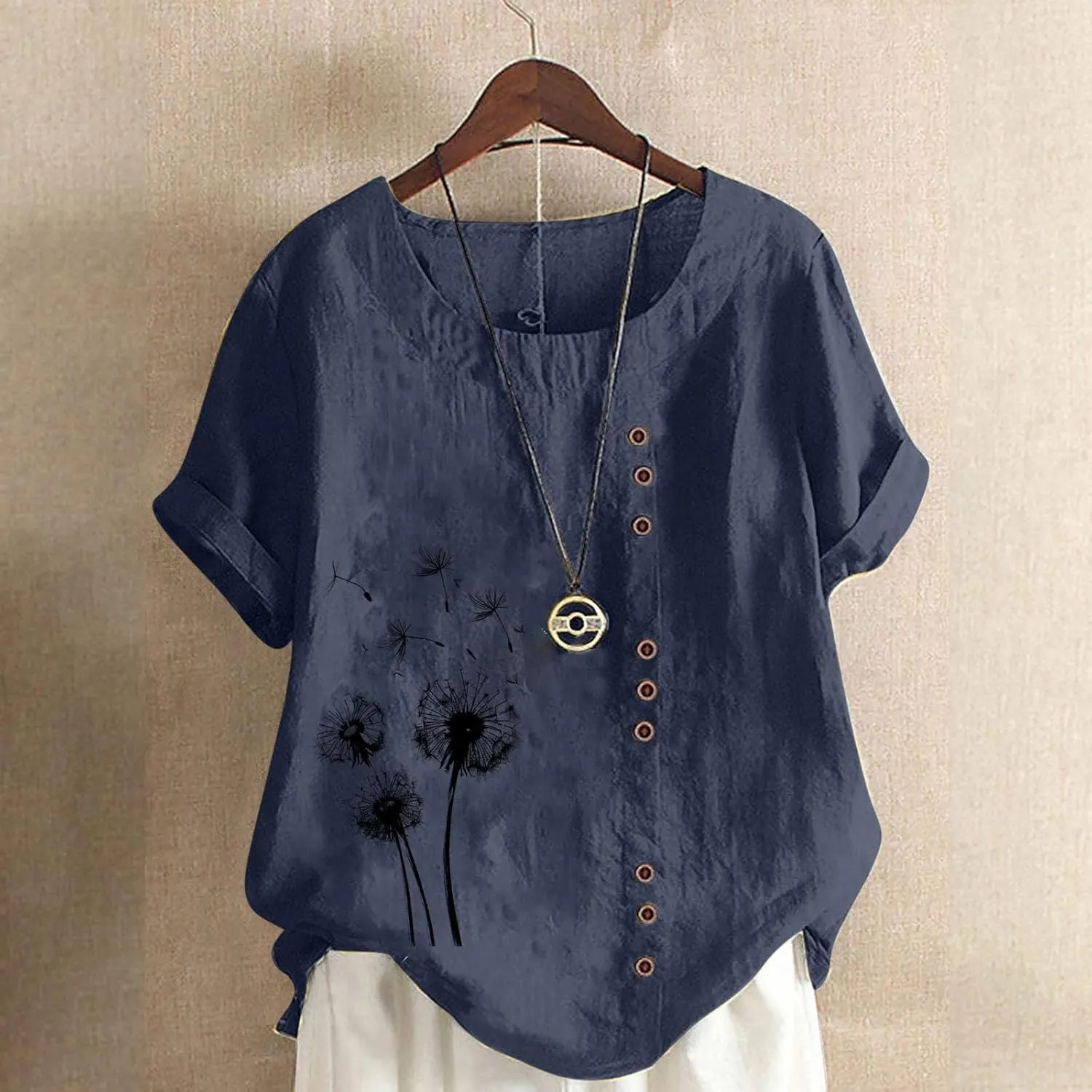Oversized Linen Shirts for Women Short Sleeve Round Neck Print T-Shirt Summer Casual Loose Fit Blouse