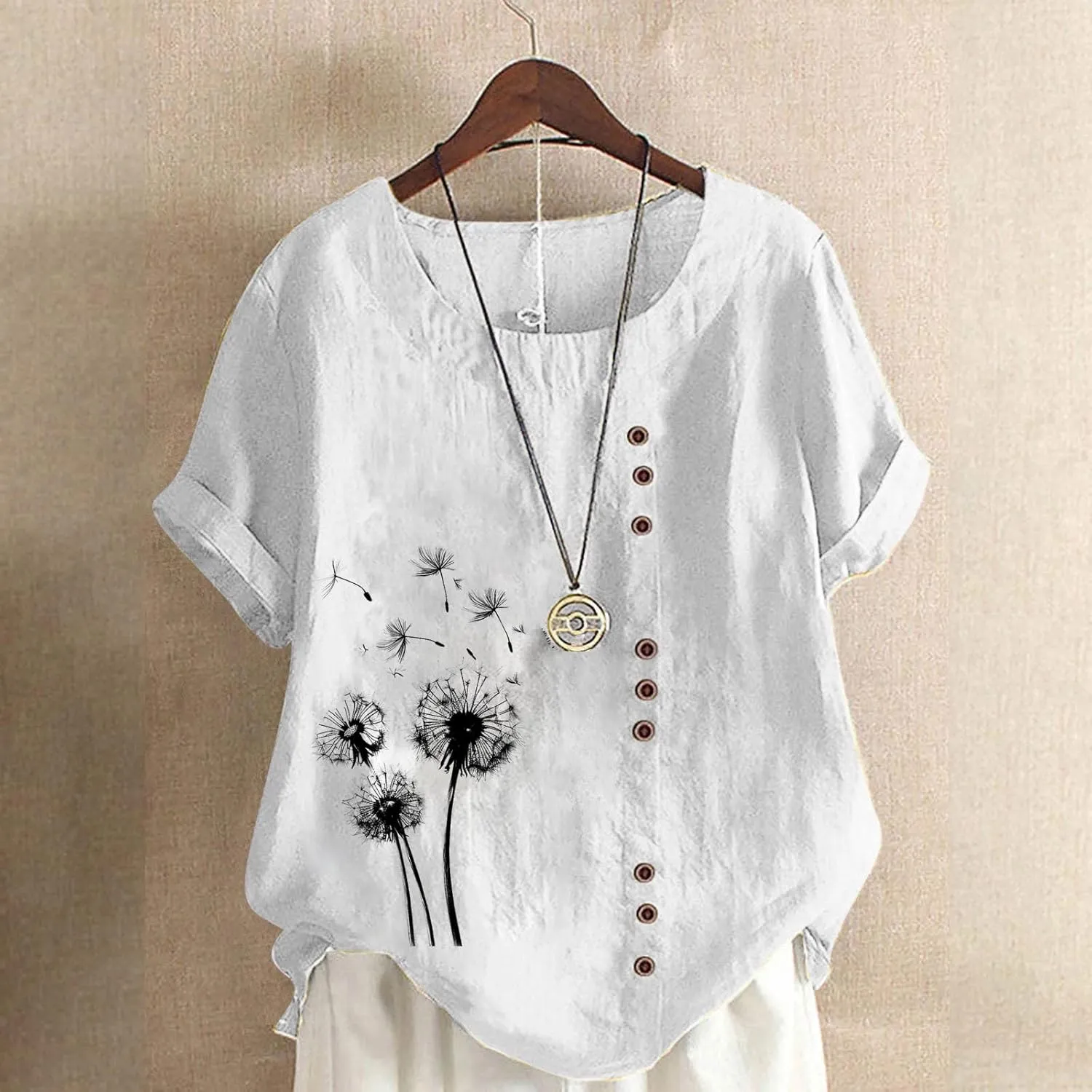 Oversized Linen Shirts for Women Short Sleeve Round Neck Print T-Shirt Summer Casual Loose Fit Blouse