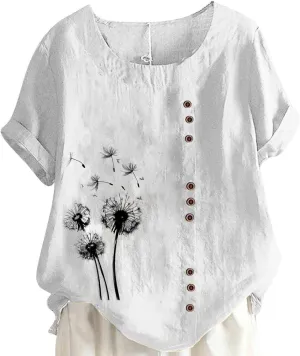 Oversized Linen Shirts for Women Short Sleeve Round Neck Print T-Shirt Summer Casual Loose Fit Blouse