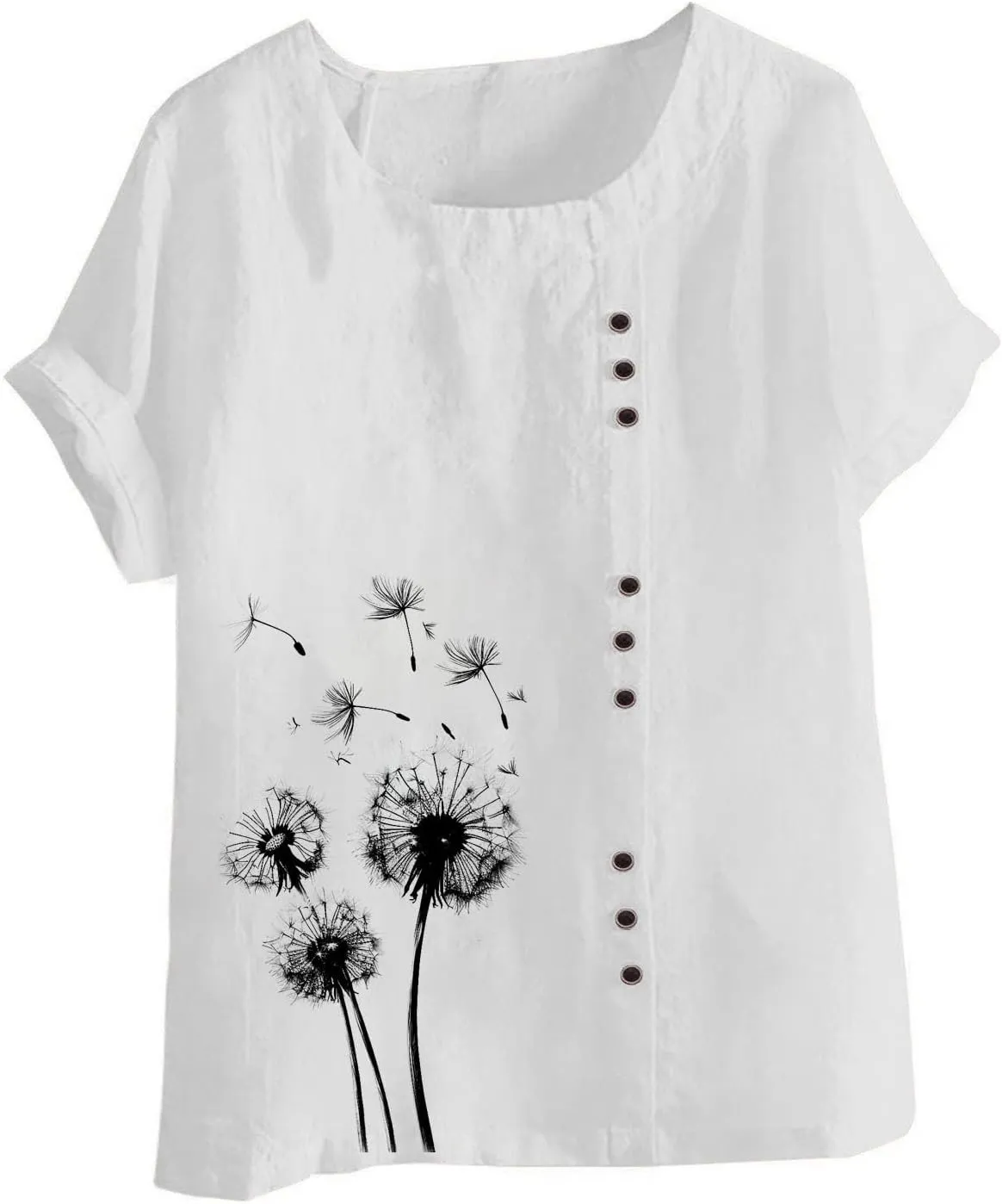 Oversized Linen Shirts for Women Short Sleeve Round Neck Print T-Shirt Summer Casual Loose Fit Blouse