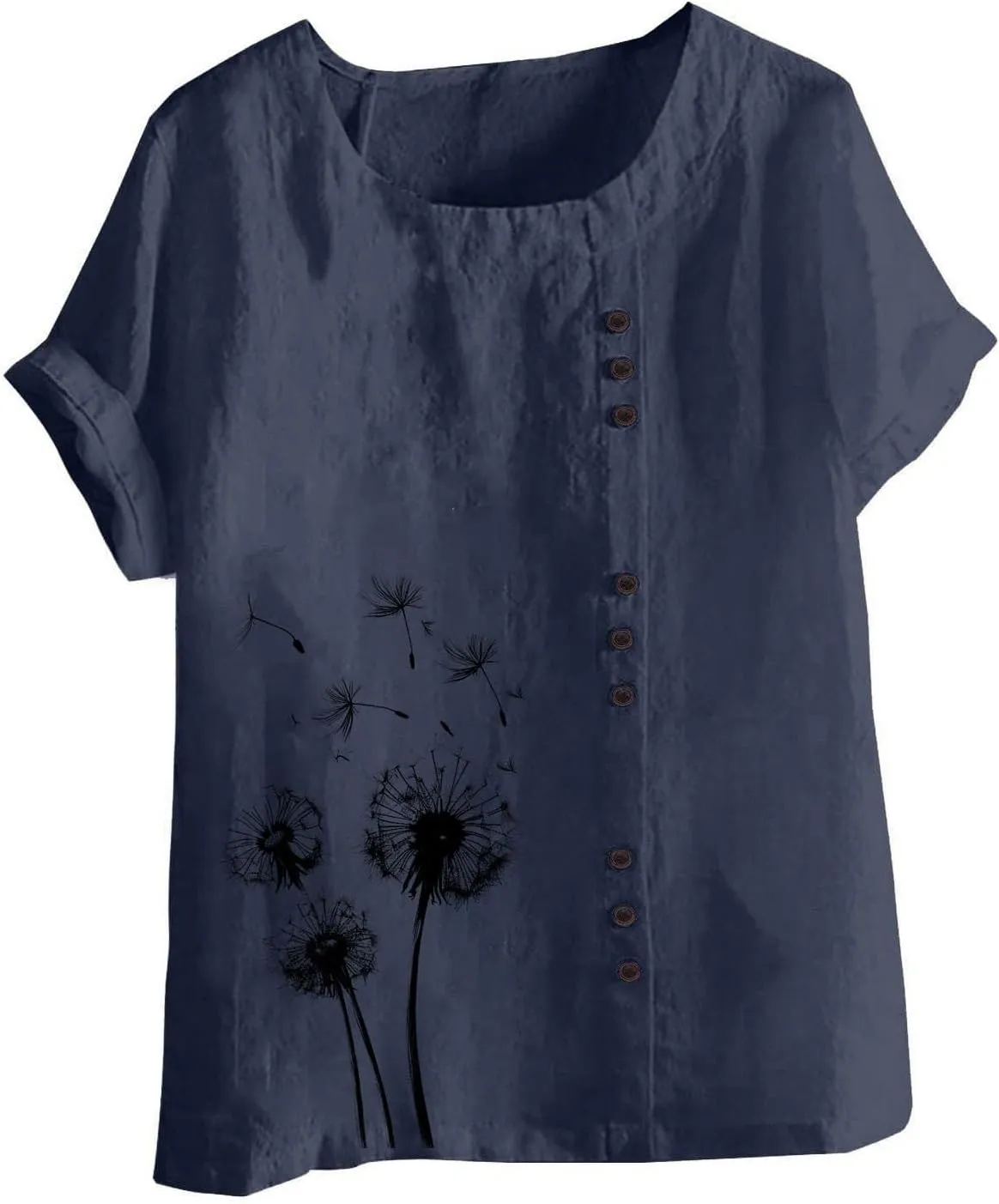 Oversized Linen Shirts for Women Short Sleeve Round Neck Print T-Shirt Summer Casual Loose Fit Blouse