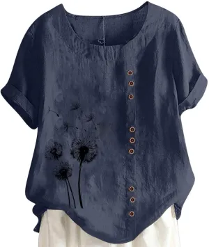 Oversized Linen Shirts for Women Short Sleeve Round Neck Print T-Shirt Summer Casual Loose Fit Blouse