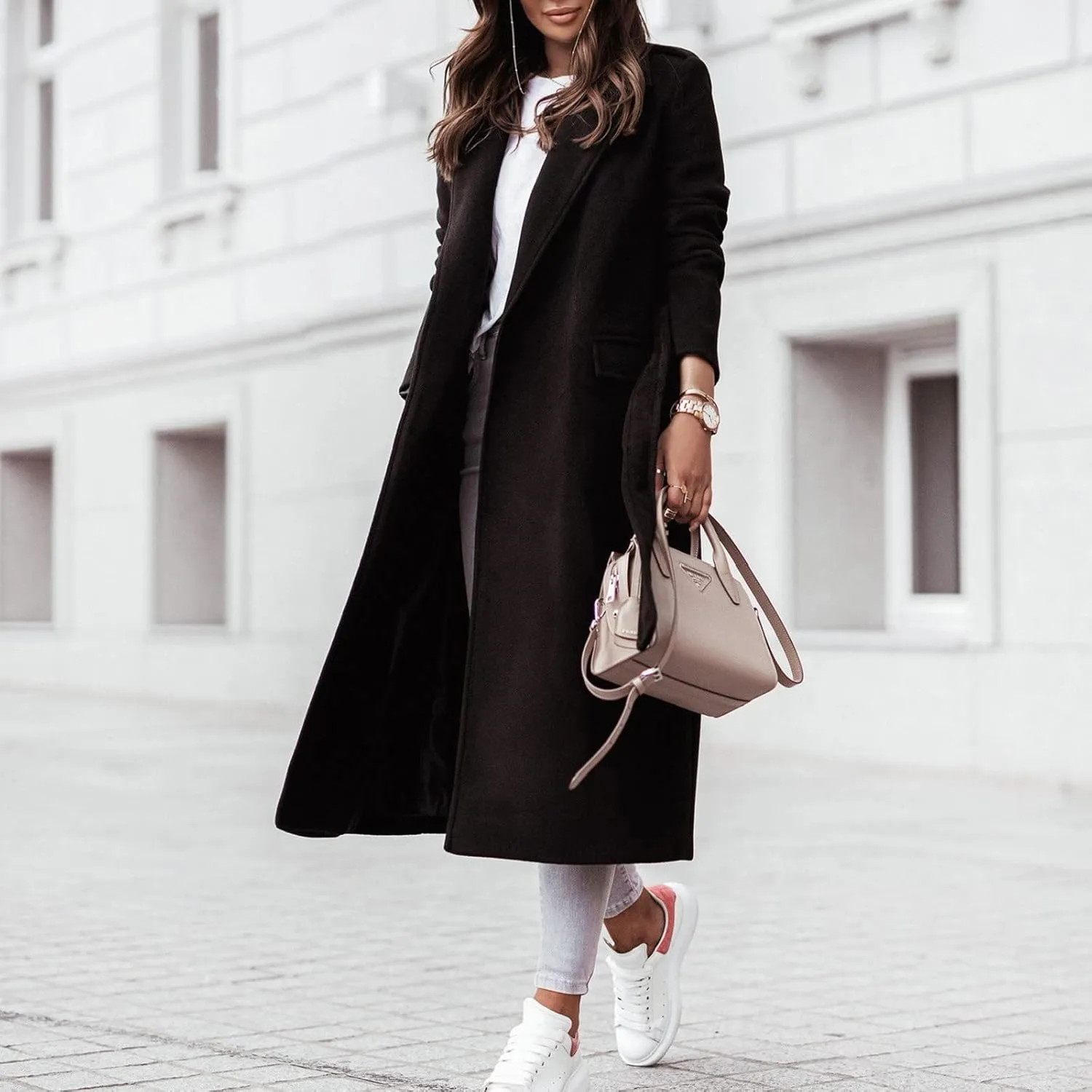 Pea Coats for Women,2023 Winter Clothes Trendy Notched Lapel Long Trench Coat,Elegant Classic Plain Blend Overcoat