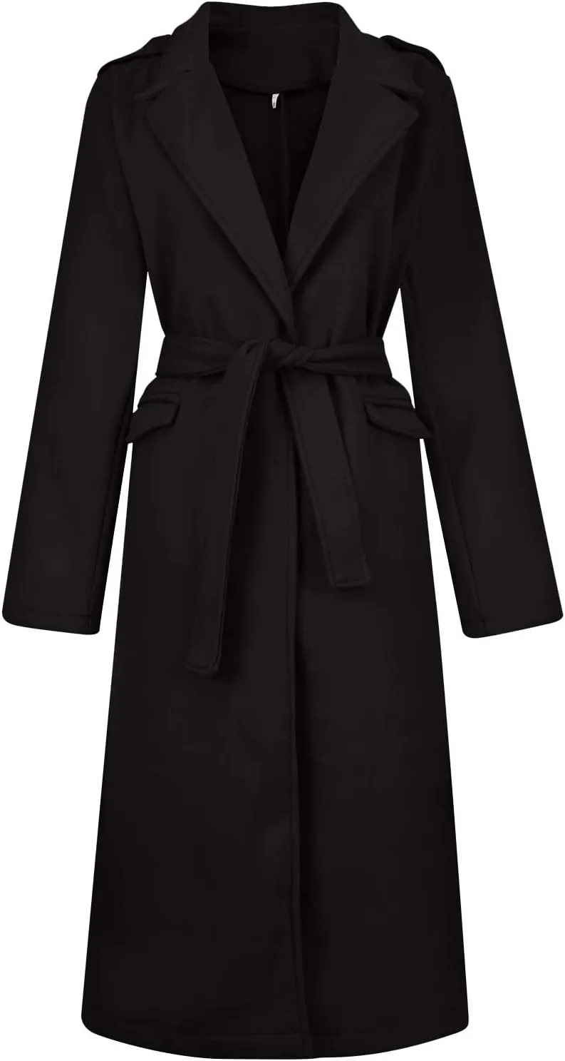 Pea Coats for Women,2023 Winter Clothes Trendy Notched Lapel Long Trench Coat,Elegant Classic Plain Blend Overcoat