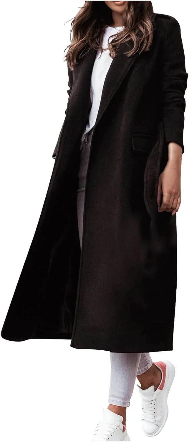 Pea Coats for Women,2023 Winter Clothes Trendy Notched Lapel Long Trench Coat,Elegant Classic Plain Blend Overcoat