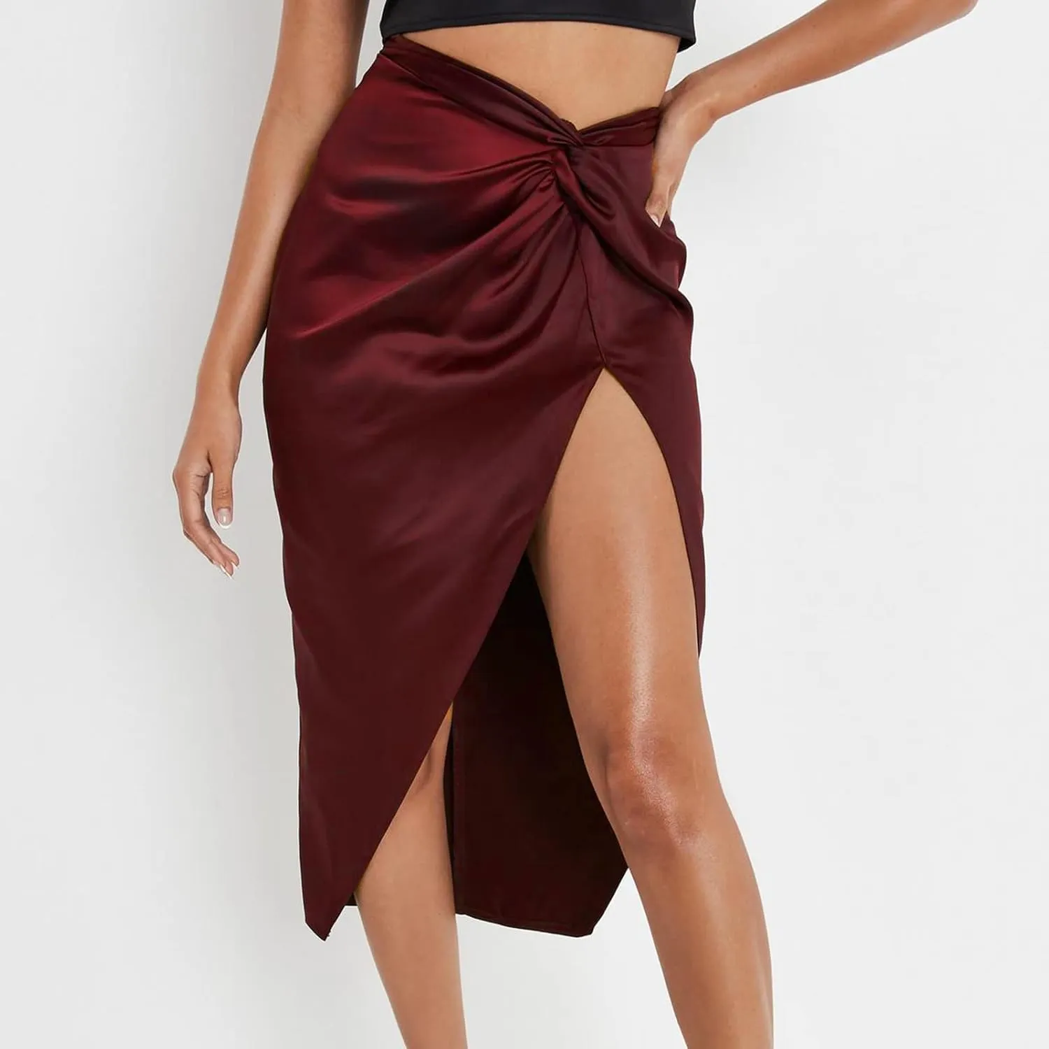 Pencil Skirt for Women Fashion Elegant Plain Satin Skirts Sexy Irregular Slit Skirt Silky Zip Up Bodycon Skirts