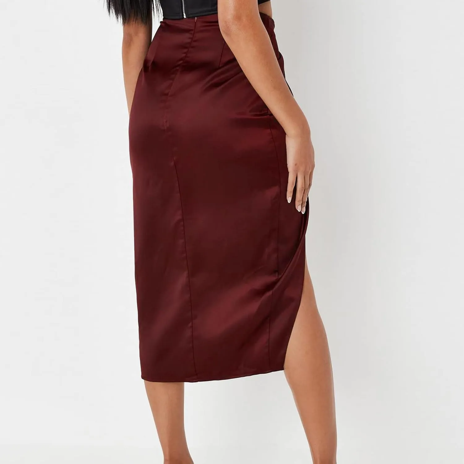 Pencil Skirt for Women Fashion Elegant Plain Satin Skirts Sexy Irregular Slit Skirt Silky Zip Up Bodycon Skirts