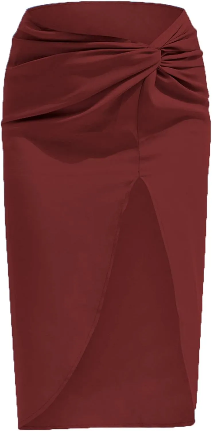Pencil Skirt for Women Fashion Elegant Plain Satin Skirts Sexy Irregular Slit Skirt Silky Zip Up Bodycon Skirts