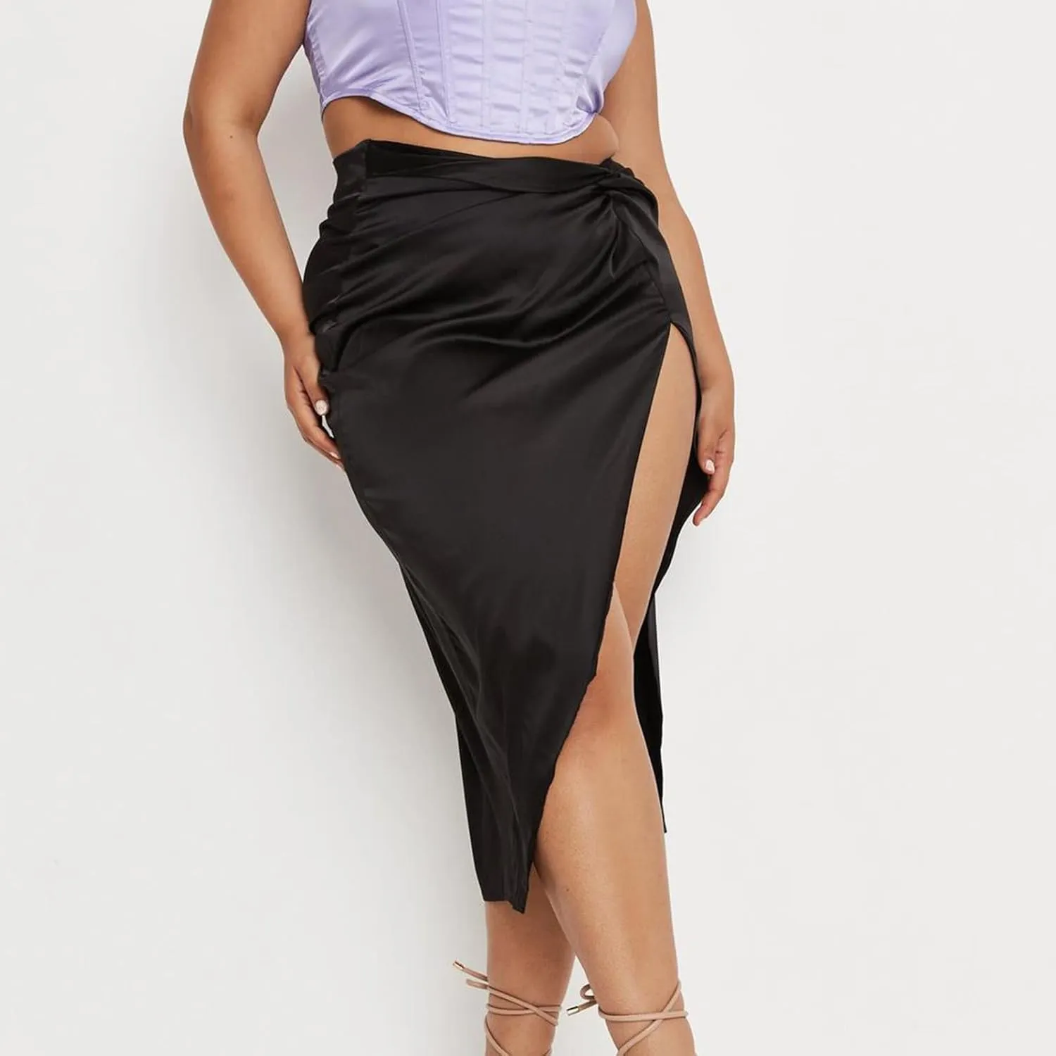 Pencil Skirt for Women Fashion Elegant Plain Satin Skirts Sexy Irregular Slit Skirt Silky Zip Up Bodycon Skirts