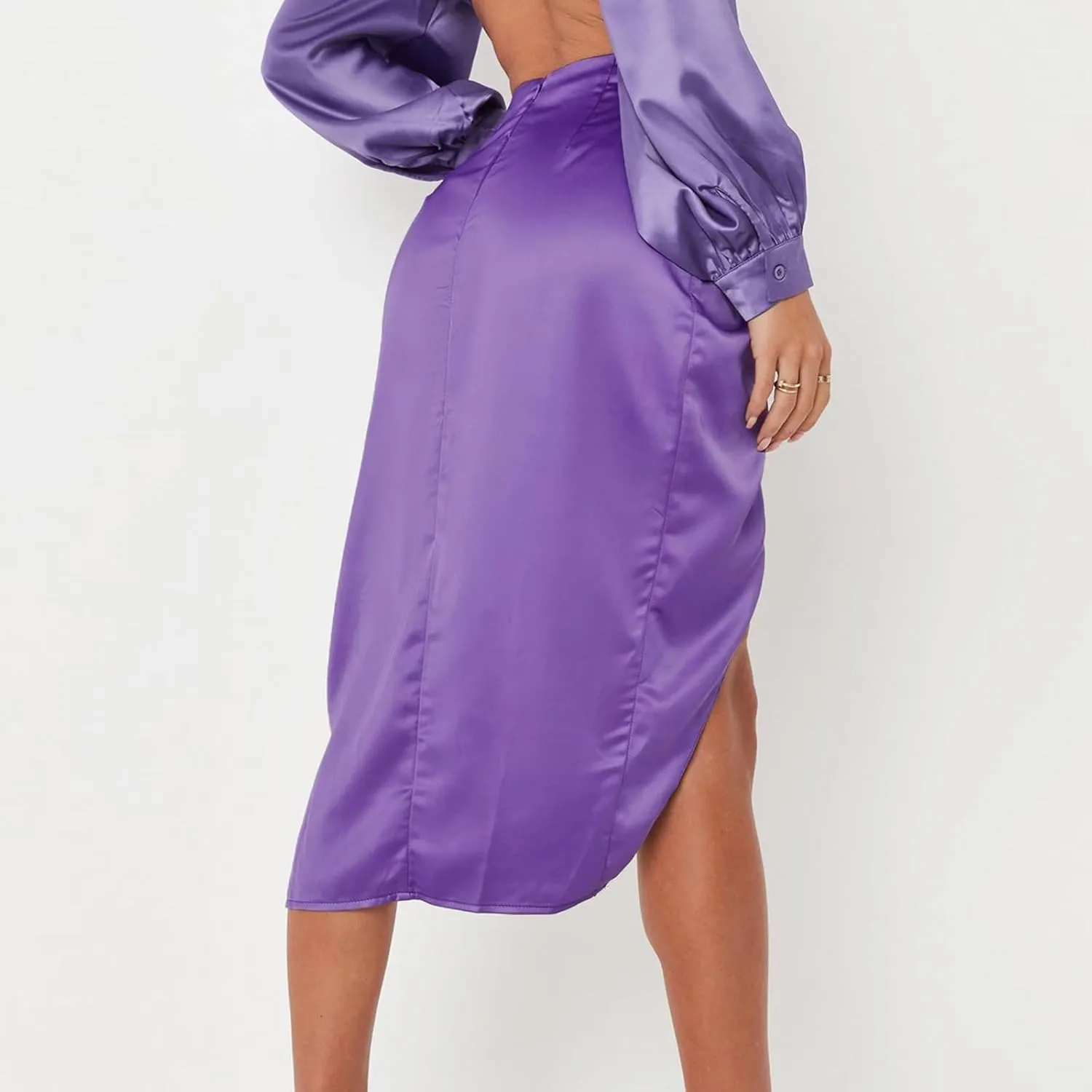 Pencil Skirt for Women Fashion Elegant Plain Satin Skirts Sexy Irregular Slit Skirt Silky Zip Up Bodycon Skirts