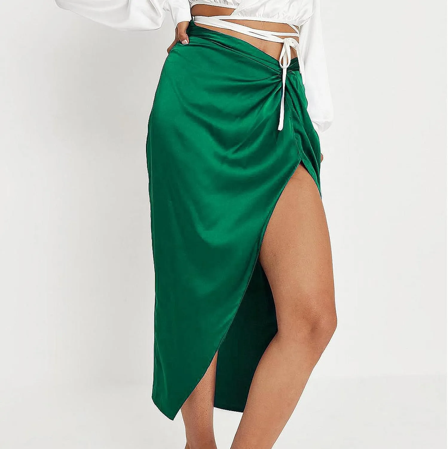 Pencil Skirt for Women Fashion Elegant Plain Satin Skirts Sexy Irregular Slit Skirt Silky Zip Up Bodycon Skirts