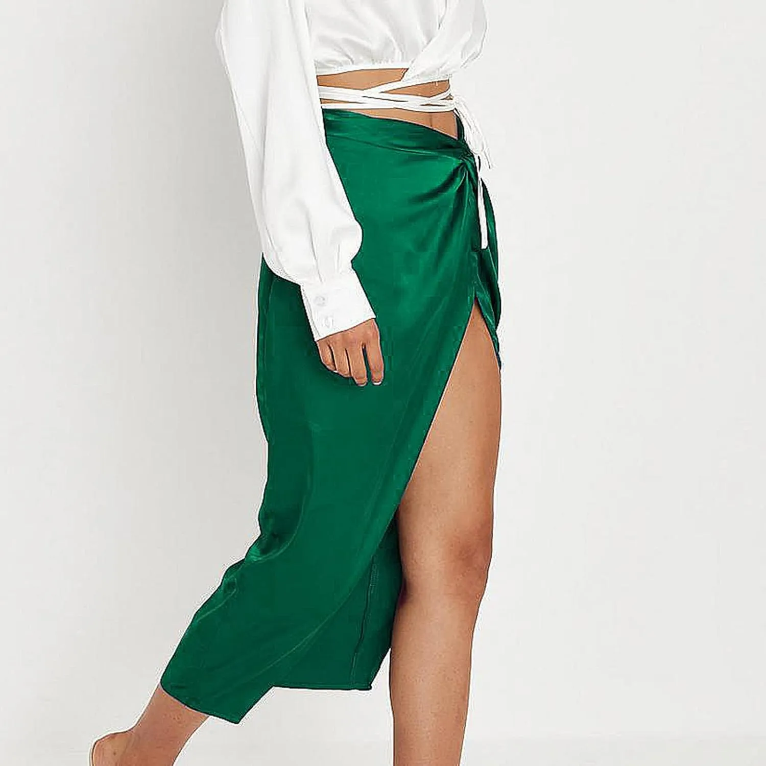 Pencil Skirt for Women Fashion Elegant Plain Satin Skirts Sexy Irregular Slit Skirt Silky Zip Up Bodycon Skirts