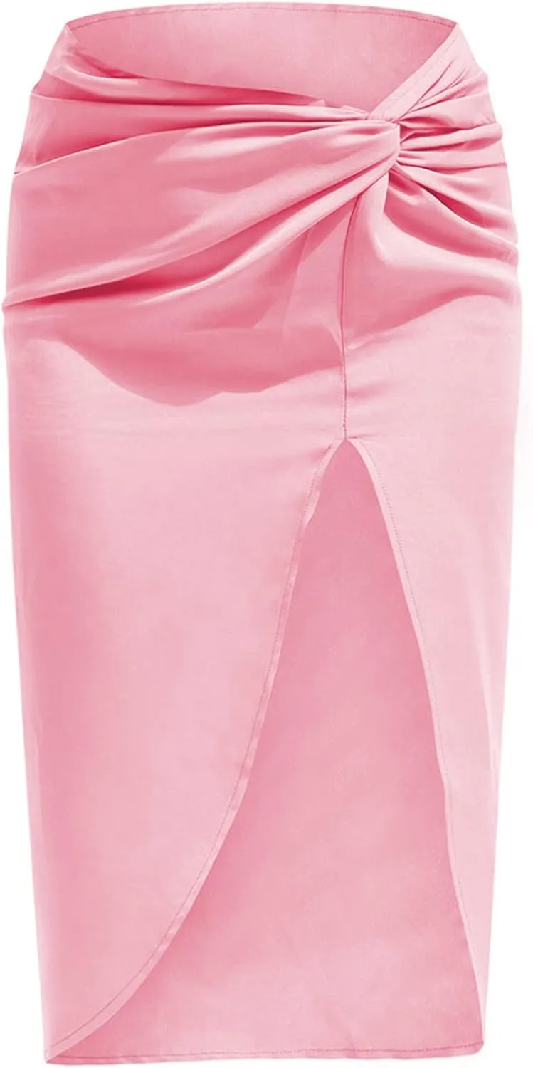 Pencil Skirt for Women Fashion Elegant Plain Satin Skirts Sexy Irregular Slit Skirt Silky Zip Up Bodycon Skirts
