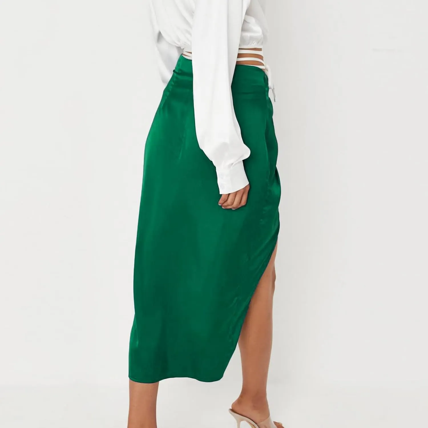 Pencil Skirt for Women Fashion Elegant Plain Satin Skirts Sexy Irregular Slit Skirt Silky Zip Up Bodycon Skirts