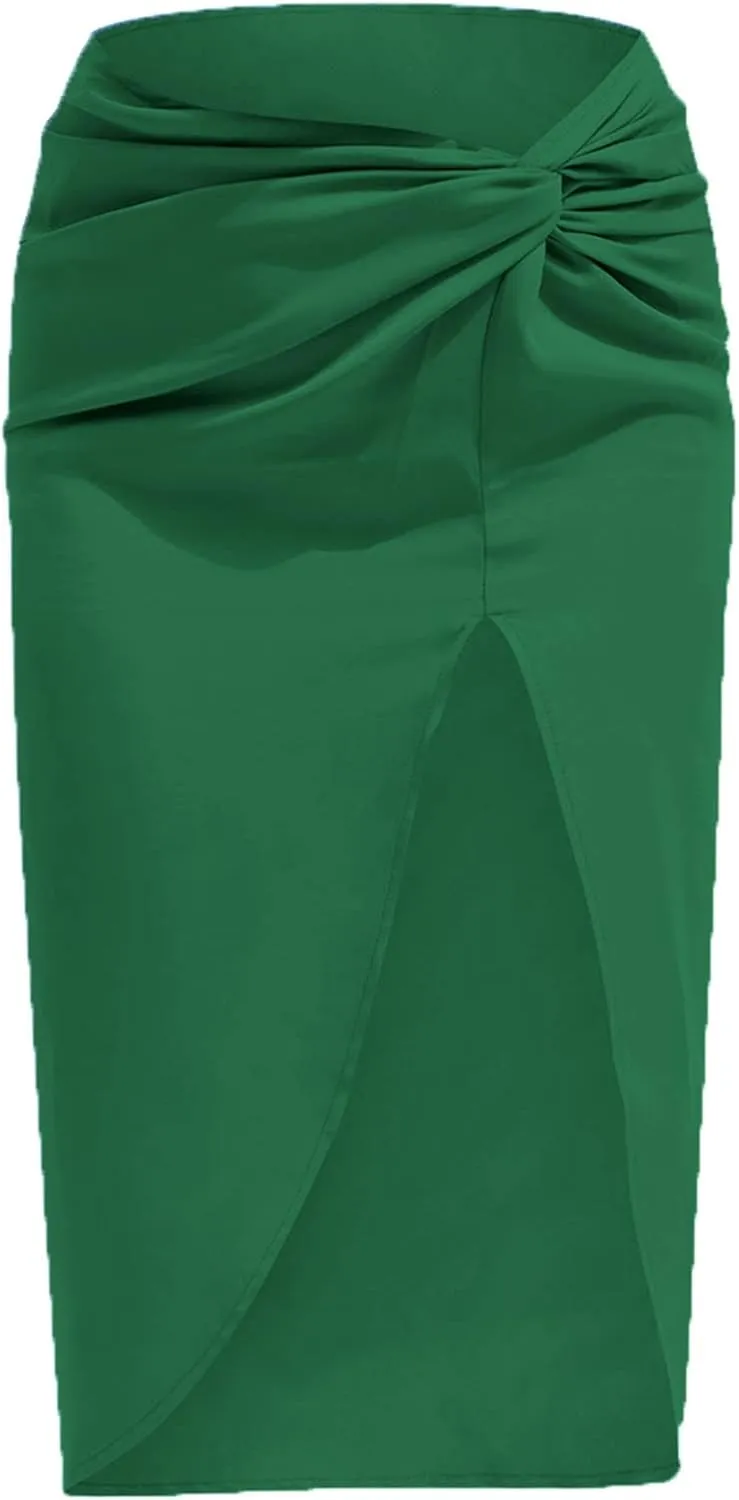 Pencil Skirt for Women Fashion Elegant Plain Satin Skirts Sexy Irregular Slit Skirt Silky Zip Up Bodycon Skirts