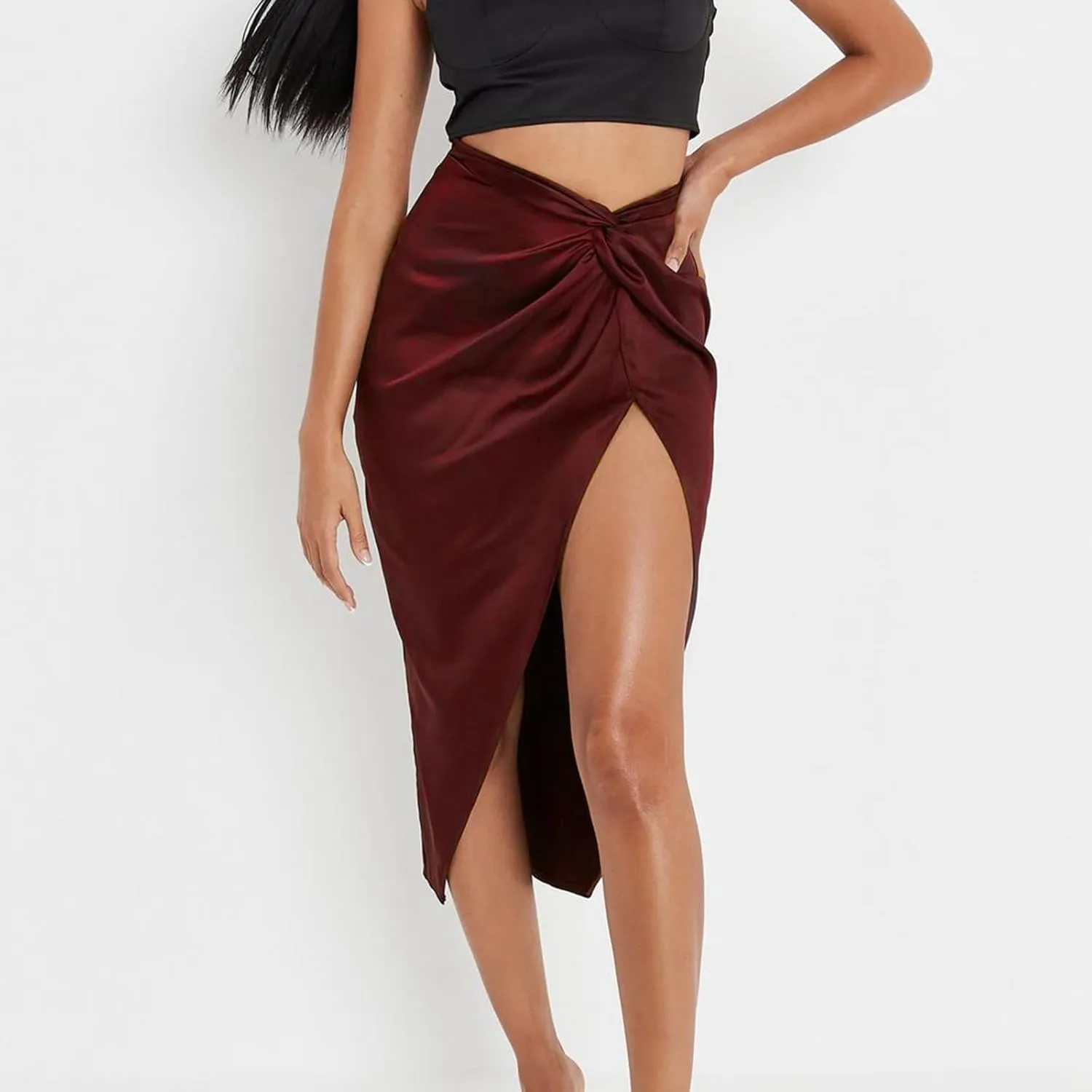 Pencil Skirt for Women Fashion Elegant Plain Satin Skirts Sexy Irregular Slit Skirt Silky Zip Up Bodycon Skirts