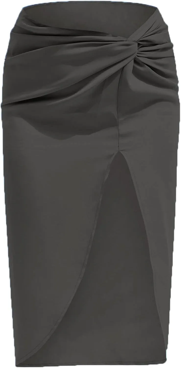 Pencil Skirt for Women Fashion Elegant Plain Satin Skirts Sexy Irregular Slit Skirt Silky Zip Up Bodycon Skirts